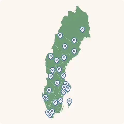 En bild på Sverige med större orter utmärkta